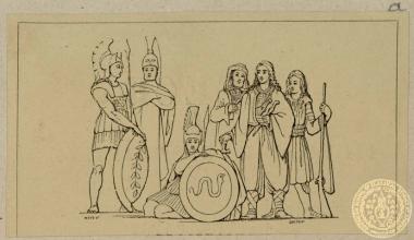 Συμβολική σκηνή αρχαίων Ελλήνων στρατιωτών και Νεοελλήνων αγωνιστών κατά της Τουρκοκρατίας.