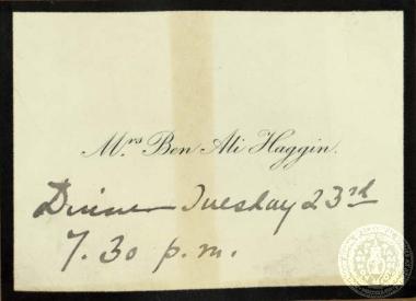 Κάρτα που φέρει τυπωμένο το όνομα Mrs Ben Ali Haggi και χειρογράφως σημειωμένα: 