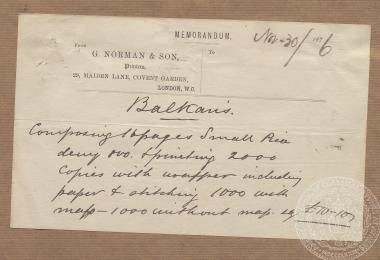 Υπόμνημα του εκδοτικού οίκου G.Norman &Son σχετικά με το κόστος και την αποστολή του 16σέλιδου «Balkans», 30/11/1876.