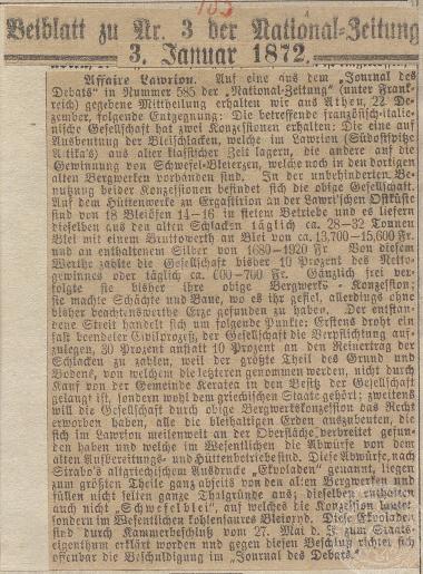 Δημοσίευμα της εφημερίδας National-Zeitung για το Λαυρεωτικό ζήτημα. 03/01/1872