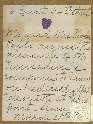 Πρόσκληση του Ιωάννη Γενναδίου σε δείπνο από την οικογένεια του Θεόδωρου Ράλλη στις 11 Απριλίου 1894.