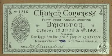 Εισητήριο συμμετοχής του Ι. Γενναδίου στο 41ο Εκκλησιαστικό Συνέδριο της Εκκλησίας της Αγγλίας που έλαβε χώρα στο Brighton από την 1η έως την 4η Οκτωβρίου 1901.