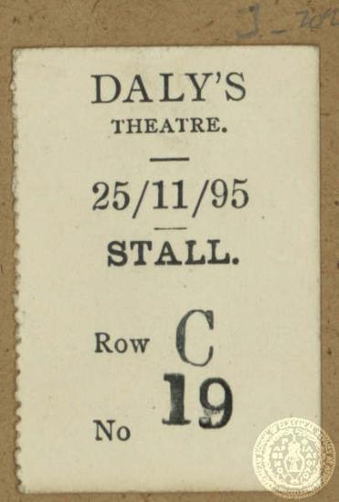 Εισιτήρια από παράσταση της 25ης Νοεμβρίου 1895 στο θέατρο Daly στο Westminster.