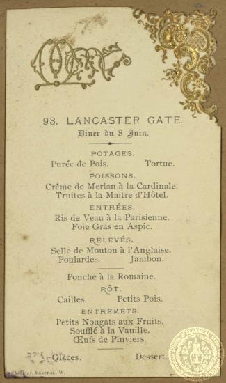 To μενού του δείπνου της 8ης Ιουνίου 1893, που παρατέθηκε από την οικογένεια του Λουκά Ράλλη.