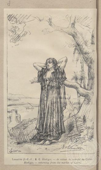 Γυναίκα ξαποσταίνει μετά την επιστροφή της από την αγορά του Καΐρου. Σχέδιο του J.F.F. Lematte.