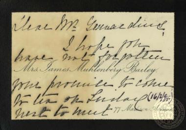 Carte de visite της συζύγου του James Muhlenbery Bailey που φέρει χειρόγραφη επενθύμιση για της πρόσκλησης του Ιωάννη Γενναδίου σε τσάι.