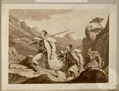 Αλβανοί (ή αλβανόφωνοι Έλληνες) στρατιώτες, οπλισμένοι με τουφέκια και με τη χαρακτηριστική ενδυμασία, καταδιώκουν τον εχθρό σε ορεινή τοποθεσία.