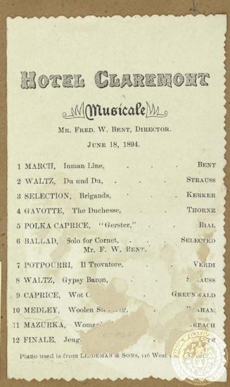 Πρόγραμμα της συναυλίας που δόθηκε στις 18 Ιουνίου 1894 στο ξενοδοχείο Claremont.