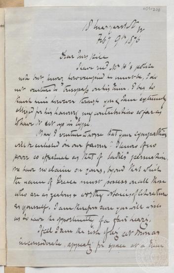 Επιστολή του Ι. Γεννάδιου προς τον Frank M. Hill στο πλαίσιο αλληλογραφίας τους σχετικά με αρθρογραφία του για την πολιτική και κοινωνική κατάσταση στην Ελλάδα, 09/02/1876.