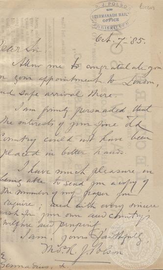 Χειρόγραφη επιστολή του Thomas Polson στον Ιωάννη Γεννάδιο, απάντηση προηγούμενης επιστολής, 7/10/1885