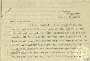 Επιστολή του Frederic Alfalo σχετική με τις οικονομικές εκκρεμότητες του Ιωάννη Γενναδίου και το κόστος των ανατύπων του άρθρου του Sports in Greece.