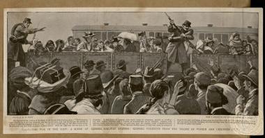 The war in the East: A scene at Larissa railway station: Keeping fugitives from the trains of women and children.