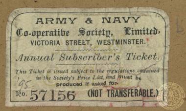 Ετήσιο εισιτήριο εισόδου στην Army & Navy Co-operative Society για το έτος 1895.