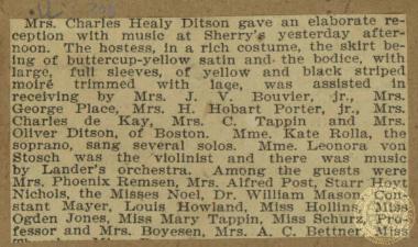 Σχόλια εφημερίδων για τον χορό που διοργάνωσε στο εστιατόριο Sherry's η Charles Healy Ditson στις 20 Ιανουαρίου 1894.