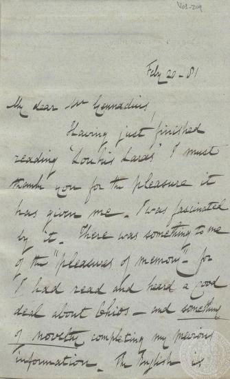 Συγχαρητήρια επιστολή του sir Charles Trevelyan προς τον Ι. Γεννάδιο για την έκδοση σε αγγλική μετάφραση του 