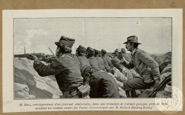 M. Bass, correspondant d' un journal americain, dans une tranchée de l' armée greque, pres de Volo. pendant un combat contre les Turcs.