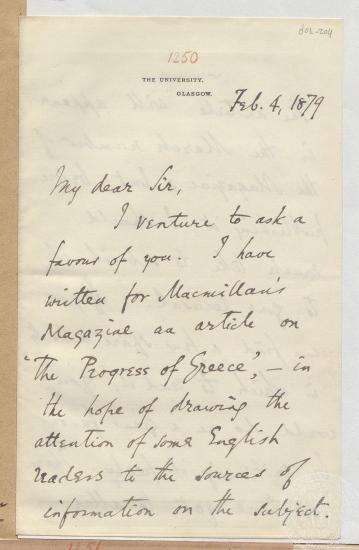 Επιστολή του R. C. Jebb προς τον Ι. Γεννάδιο σχετικά με παρατηρήσεις/σχόλια κειμένου προς δημοσίευση. 04/02/1879