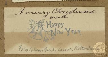 Ευχετήρια κάρτα από τον Felix Cohen, πρόξενο στο ελληνικό προξενείο στο Rotterdam.