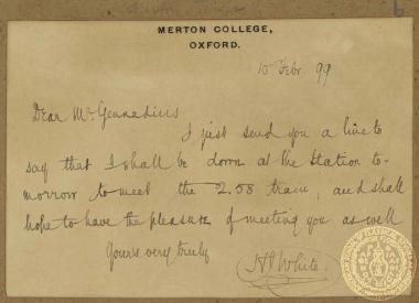 Σημείωμα του N. White, προς τον Ι. Γεννάδιο.