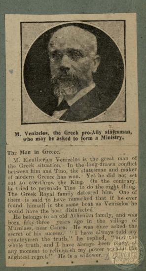 M. Venizelos, the Greek pro-Ally statesman, who may be asked to form a Ministry.