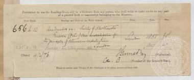 Δελτίο δανεισμού και άδεια χρήσης του αναγνωστηρίου της βιβλιοθήκης του Μουσείου, 14/02/1876.