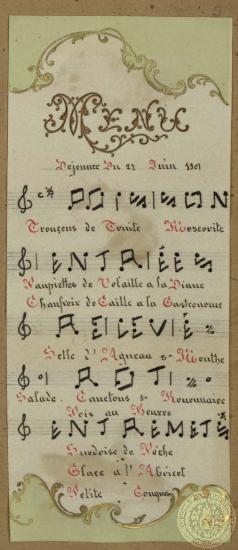 Μενού πρωινού γεύματος της 21 Ιουνίου 1901.