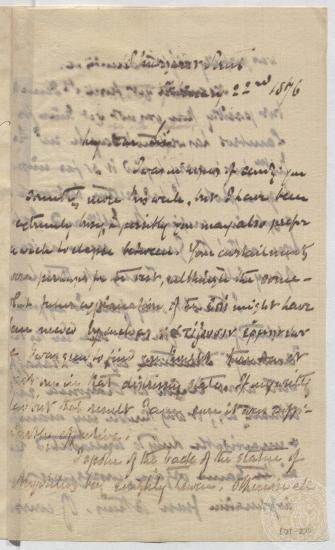 Αντίγραφο επιστολής του Ιωάννη Γεννάδιου προς τον Norman MacColl στις 22/02/1876 σχετικά με την αρθρογραφία του για τις ανασκαφές στην Ολυμπία.