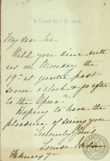 Πρόσκληση του Ιωάννη Γενναδίου για δείπνο και έπειτα όπερα στις 19 Φεβρουαρίου 1894 από φιλικό του πρόσωπο.