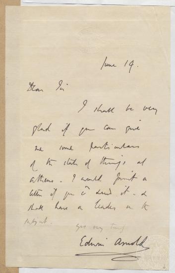 Επιστολή του Edwin Arnold προς τον Ιωάννη Γεννάδιο, 14/06/1875