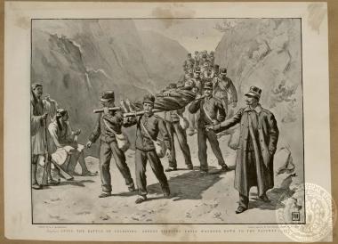 After the battle of Velestino: Greeks bringing their wounded down to the railway