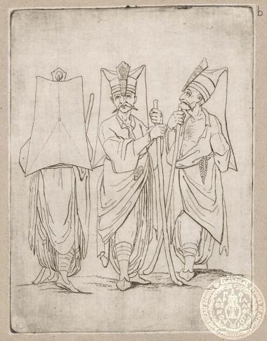 Γενίτσαροι ενδεδυμένοι με τις επίσημες στολές τους, συμπεριλαμβανομένου του χαρακτηριστικού καλύμματος κεφαλής, σε εμπρόσθια, πλαϊνή και οπίσθια όψη.