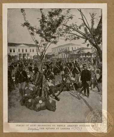 Stacks of arms belonging to newly arrived soldiers in the square at Larissa