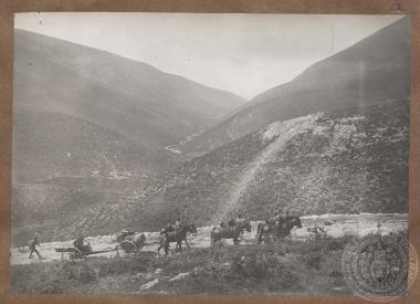 Ρυμούλκηση πυροβόλου στο μέτωπο με τη βοήθεια αλόγων.