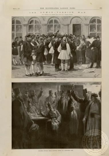 The Greco- Turkish war: Reading the latest news at Larissa. Soldiers singing their national songs at a frontier cafe. The crown prince of Greece and his brother prince Nicholas, driving through the streets of Larissa. The relief of distresses Armenians.