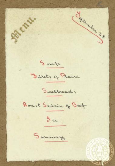 Μενού δείπνου της 28ης Σεπτεμβρίου 1901.