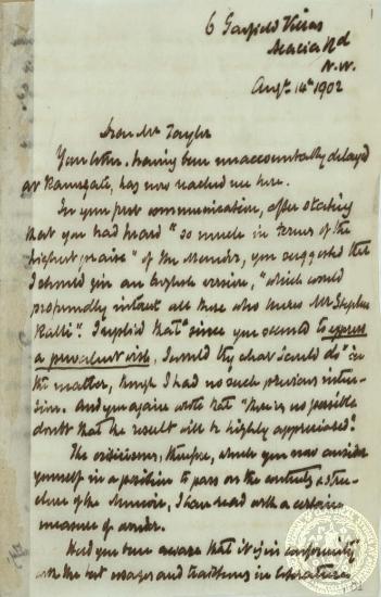 Απάντηση του Ιωάννη Γενναδίου στο Βρετανό Taylor, ο οποίος διέκοψε τη συνεργασία του με το Γεννάδιο για την έκδοση στα αγγλικά της νεκρολογίας του για το Στέφανο Ράλλη.