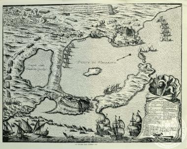 Pianta et elevatione delle fortezze di navarino esv famoso porto posto in Morea, e reso all' armi Venete et avxillarie sotto il ponteficato di N.S. Papa Innocentio XI, l' anno 1686.