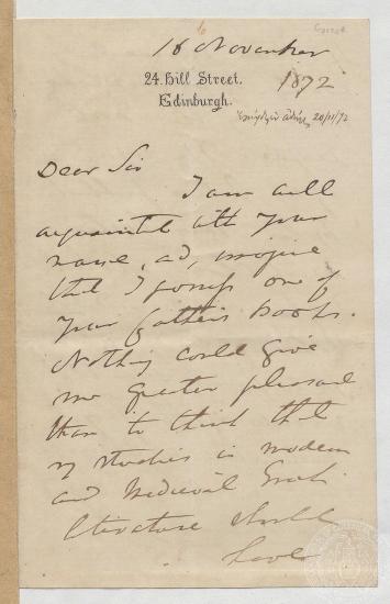 Επιστολή του John Stuart Blackie προς τον Ι. Γεννάδιο για την εξέλιξη της ελληνικής γλώσσας. 16/11/1872