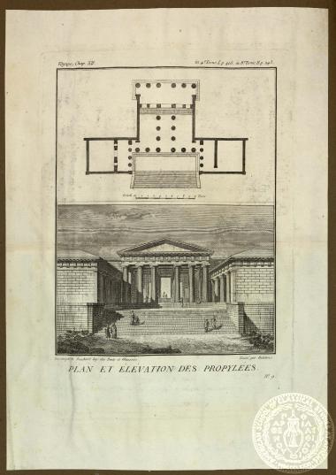 Plan et élévation en perspective de la facade des Propylées. Plan des Propylées.