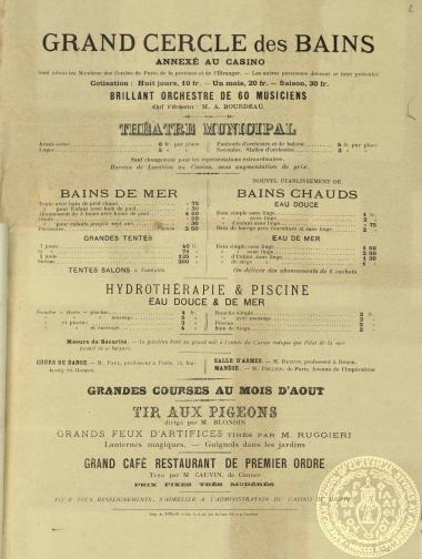 Διαφημιστικό φυλλάδιο με τις εκδηλώσεις και τις τιμές για τα λουτρά κοντά στο μεγάλο καζίνο στη γαλλική λουτρόπολη Διέπη.