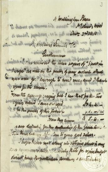 Επιστολή του Ιωάννη Γενναδίου προς τον εκδοτικό οίκο Sands με ευχαριστίες για την αποστολή των ανατύπων και με κάποιες ερωτήσεις σχετικά με οικονομικές εκκρεμότητες.