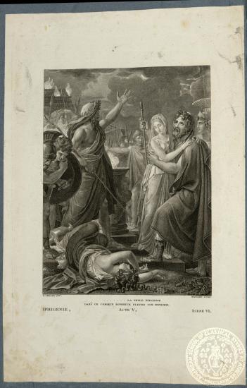 Iphigenie, scene VI. La seula Iphigenie dans ce commun bonheur pleure son ennemie.