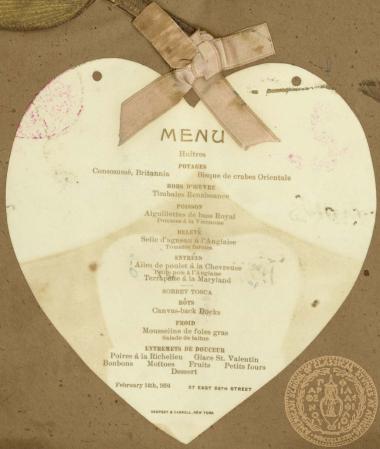Μενού σε σχήμα καρδίας, από το ρομαντικό δείπνο της 14ης Φεβρουαρίου 1894 του Ιωάννη Γενναδίου και της Celia Blumenthal.
