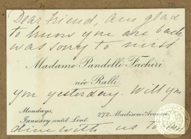 Carte de visite της κα. Pandelli Fachiri- Ράλλη με χειρόγραφα σημειωμένη πρόσκληση του Ιωάννη Γενναδίου σε δείπνο.