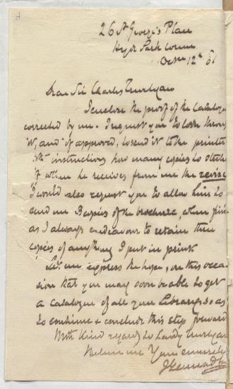 Επιστολή του Ι. Γενναδίου προς τον Charles Trevelyan σχετικά με τον κατάλογο της βιβλιοθήκης Wallington. 12/10/1881