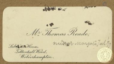 H Carte de visite του Thomas Reade, τον οποίο συνάντησε ο Ι. Γεννάδιος κατά τις διακοπές του στη Margate τον Ιούλιο του 1897.