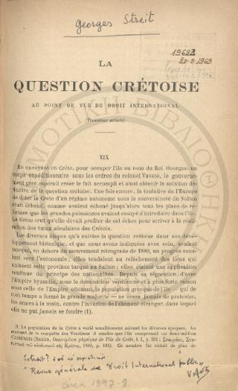 La Question Cretoise au point de vue du Droit International