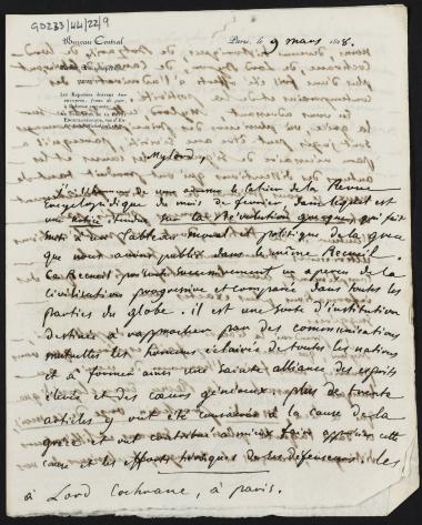 9 Μαρτίου 1828 Ο Marc-Antoine Jullien de Paris στέλνει στον Κόχραν το τεύχος Φεβρουαρίου της Revue Encyclopédique, όπου υπάρχει άρθρο για τις εξελίξεις στην Ελλάδα