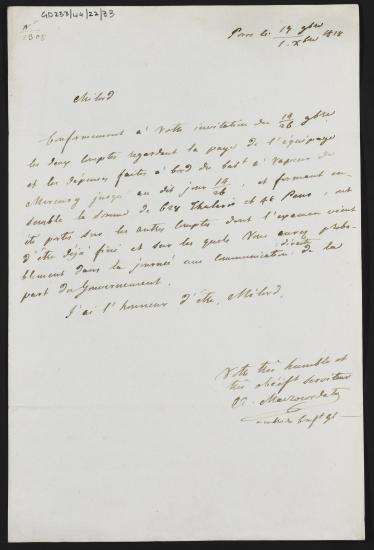 19 Νοεμβρίου / 1 Δεκεμβρίου 11828 Ο Αλέξανδρος Μαυροκορδάτος ενημερώνει τον Κόχραν ότι τα έξοδα από το ατμόπλοιο Mercury υπολογίστηκαν στα συνολικά έξοδα και εντός της ημέρας θα λάβει μια επιστολή της κυβέρνησης για τον οικονομικό έλεγχο.