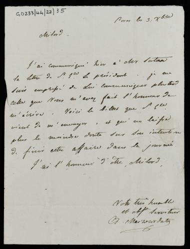 3 Δεκεμβρίου 1828 O Αλέξανδρος Μαυροκορδάτος ενημερώνει τον Κόχραν ότι προώθησε στον Georges Sutton Cochrane την επιστολή του Καποδίστρια